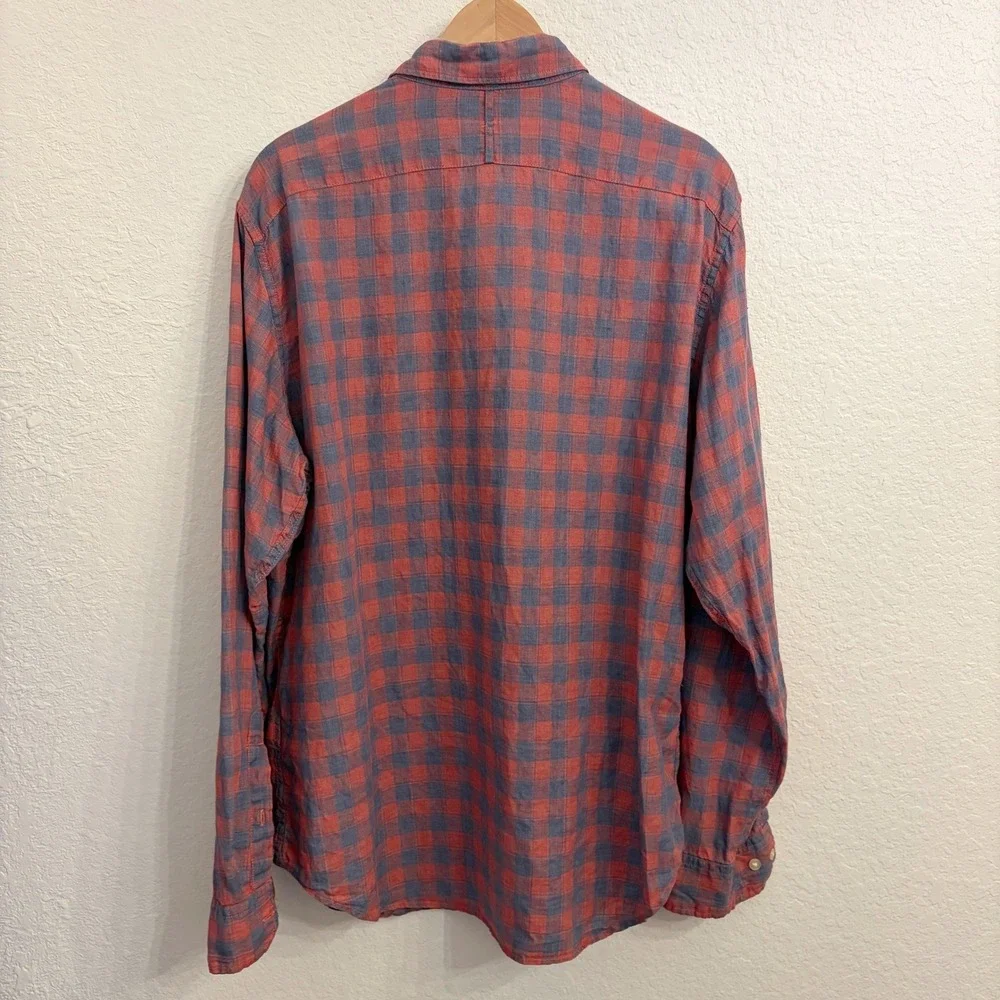 Banana Republic 100% Linen Button Up Shirt Mens Large‎ Camden Fit Red Blue Check